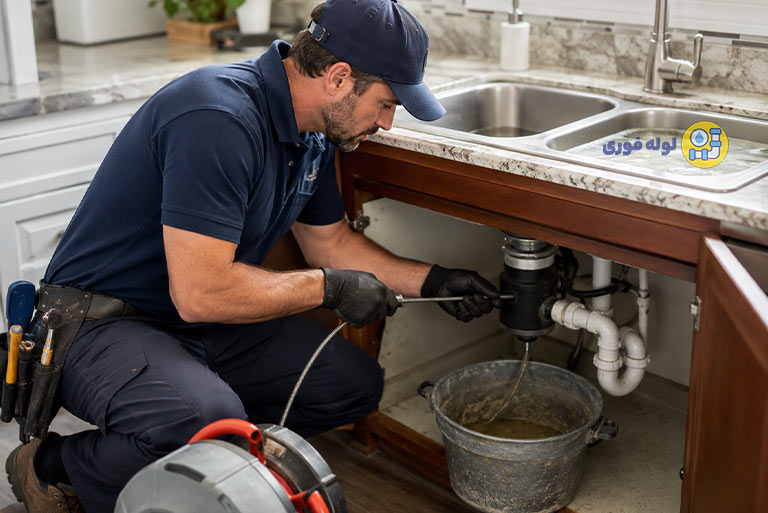 چرا بوی فاضلاب از سینک آشپزخانه می آید؟ A plumber unclogging a sink